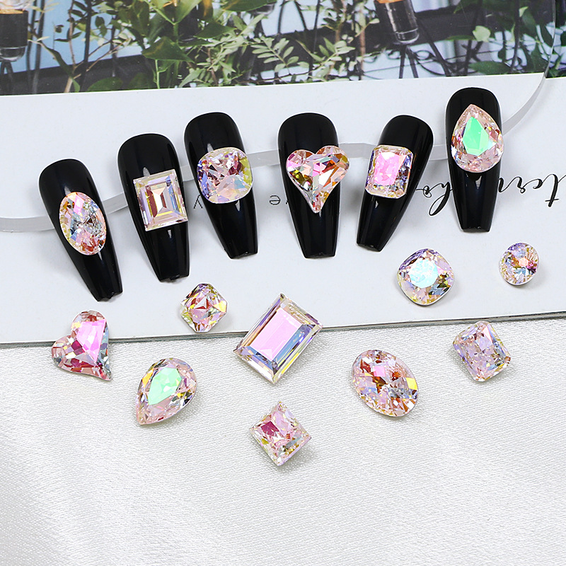 Dongzhou Diamond Rose Pink Plated Cherry Blossom Nail Art Diamond Collection Explosive K9 Crystal Special Shaped Fat Square Rock Candy Nail Art Accessories