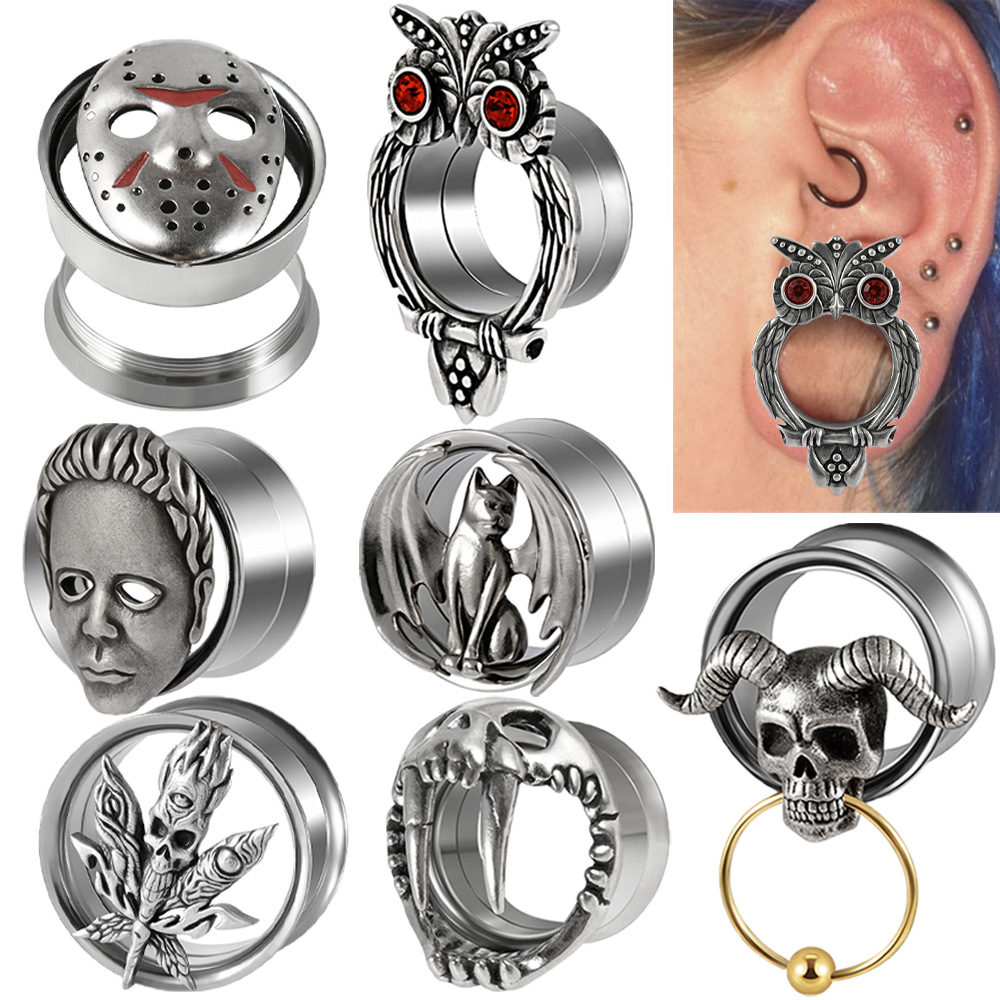 Cross-border stainless steel owl double horn auricle copper face cat inner teeth a variety of ear expansion puncture ear expansion jewelry