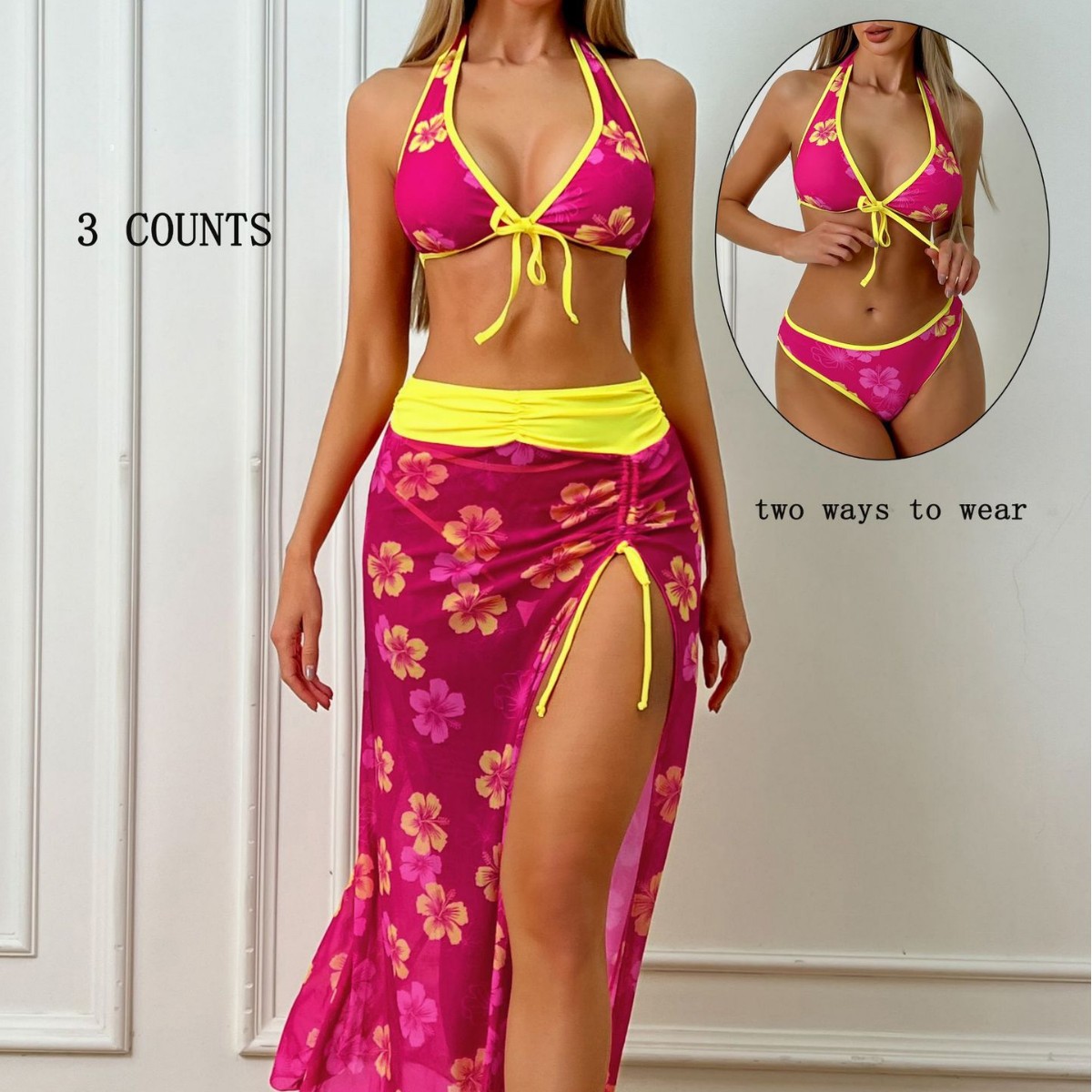 Shencai Cross-Border Sexy Halter Neck Tie Backless Floral Cover-Up Three-Piece Bikini Swimsuit Aliexpress Tk428