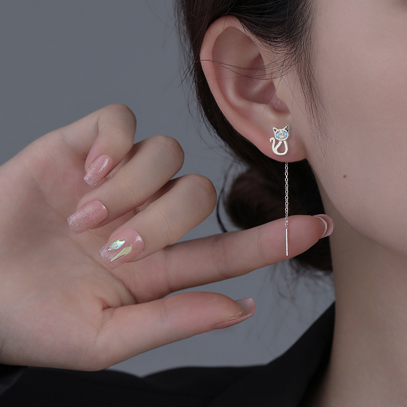 Blue Eyes Cat Ear Line Japanese and Korean Style Sweet Cute Cartoon Kitten Earrings Blue Zircon Hollow Cat Ear Chain