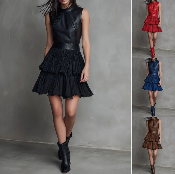 Leather Sleeveless Cake Skirt Dress, Fashionable and Trendy European and American Cross-Border Foreign Trade Amazon Aliexpress Vacation Dress