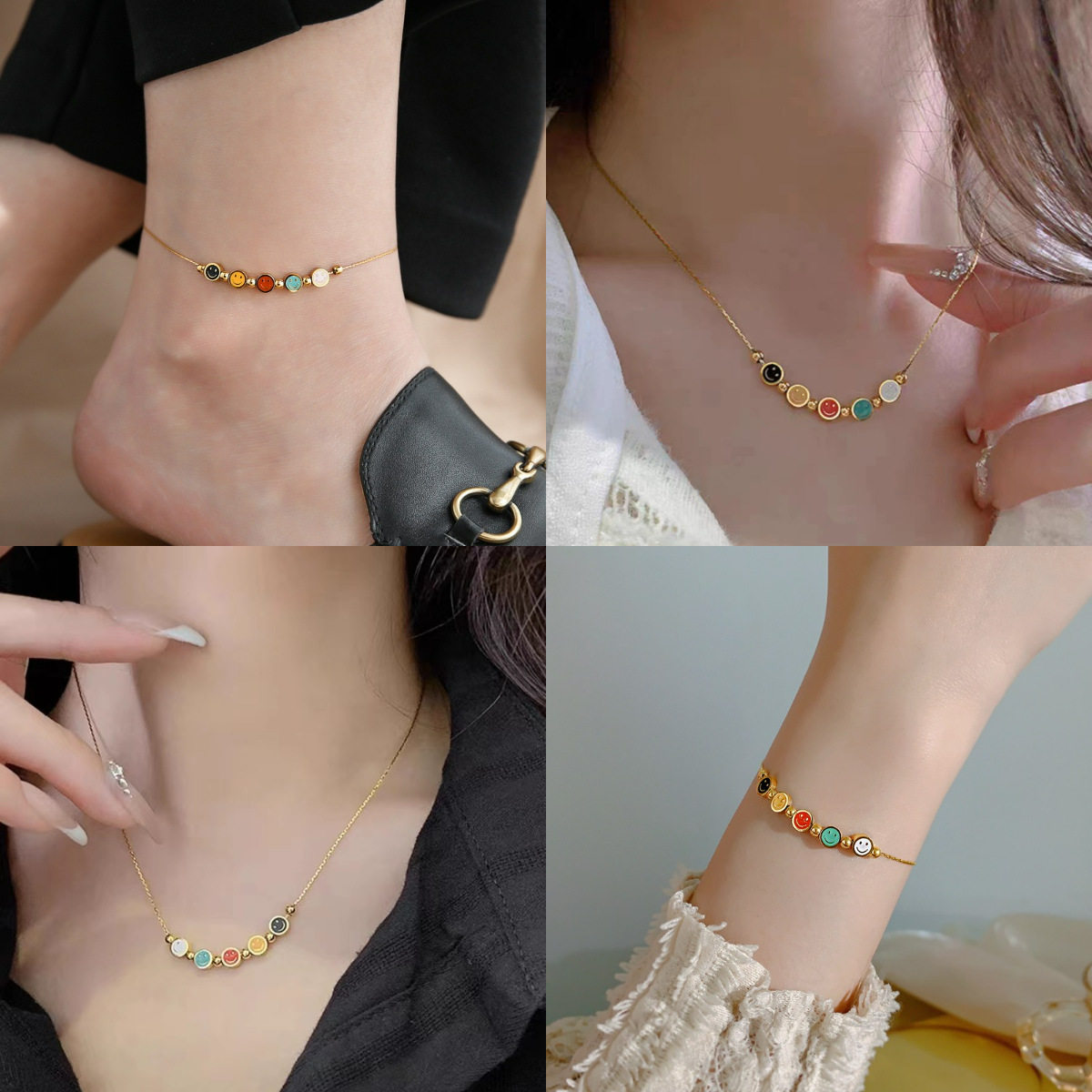 Colorful smiley face bracelet anklet necklace women's light luxury niche design sense exquisite girlfriends thin hand rope titanium steel does not fade