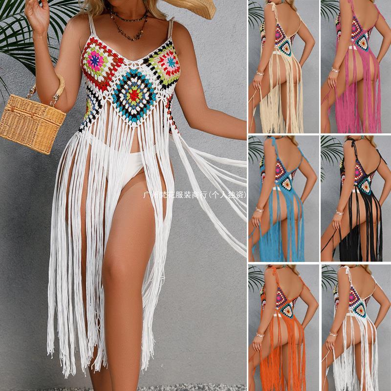 Cross-border Amazon New Sexy Hand Hook Tassel Beach Mid-length Skirt Flower Block Beach Bikini Cover-up Sun Protection Clothing