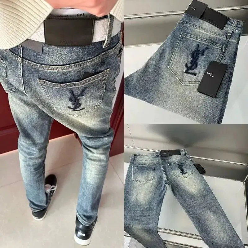 ys*l牛仔裤男字母束脚刺绣休闲小脚裤
