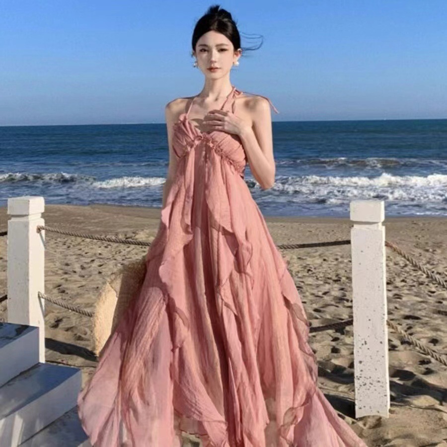 Seaside Photo Skirt Ruffled Neck Strap dress Pink Fairy Skirt Super Fairy Sweet Holiday Beach Skirt