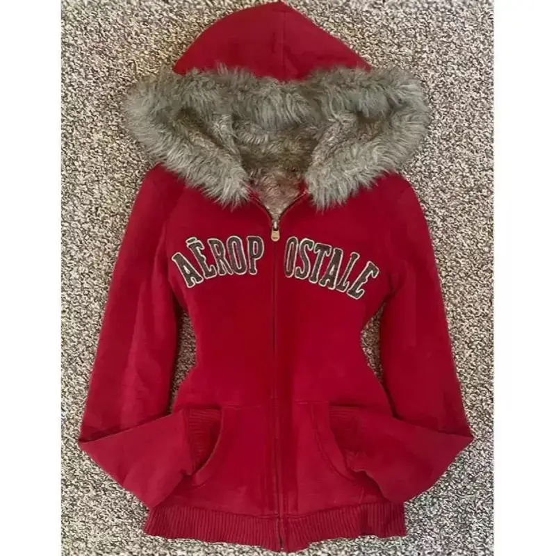 Foreign Trade American Retro Letter Embroidery Autumn and Winter Fur Collar Hooded Cardigan Jacket Sweatshirt Top