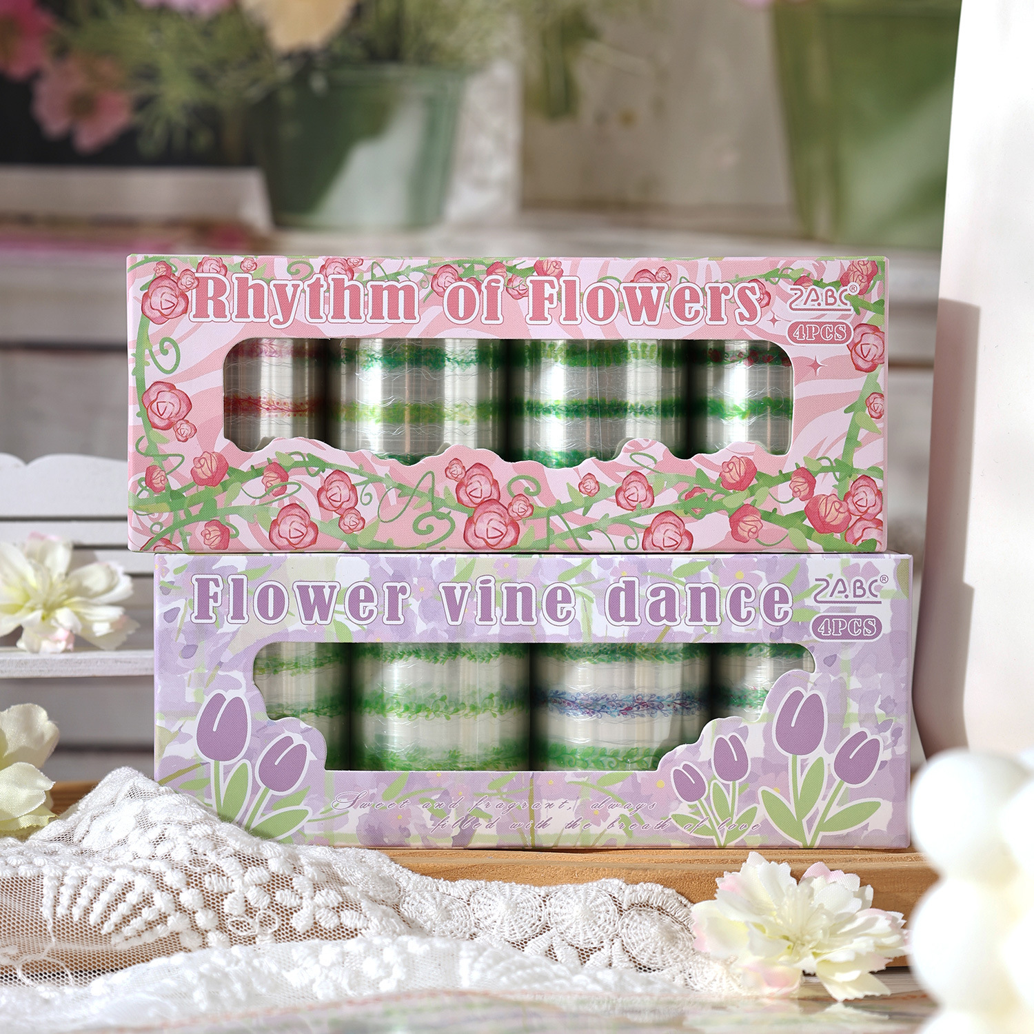 Zabc Cross-Border Die-Cut Pet Tape Set, Colorful Ribbon Series, 4 Rolls into Plant Vine Theme, 2 Options