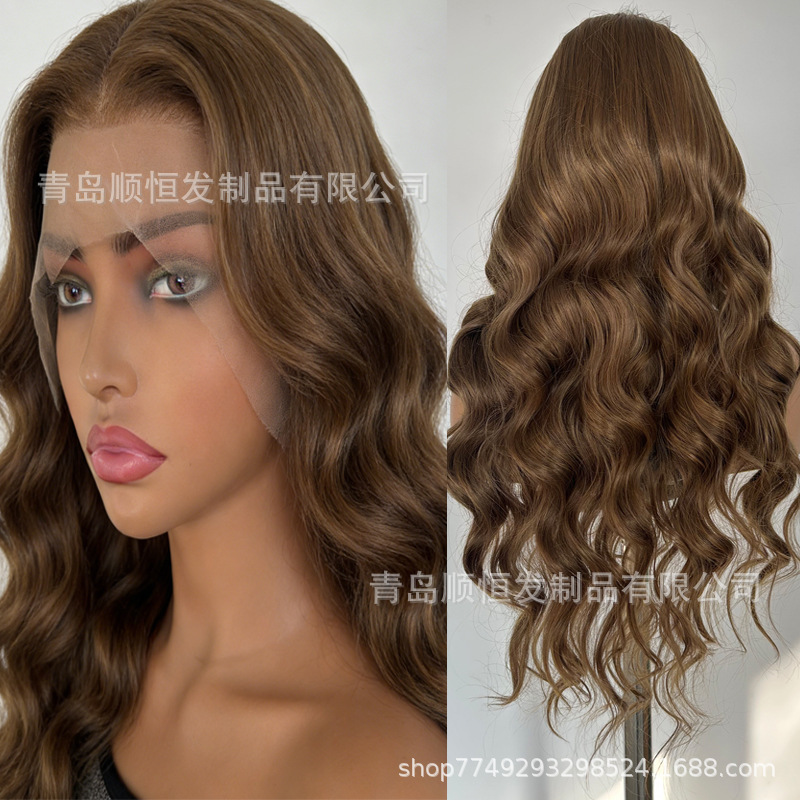 European and American Style Women's Medium-Long Curly Lace Front Wig, Hand-Crocheted Golden Brown Synthetic Wig with Big Waves, Factory Ready Stock for Dropshipping