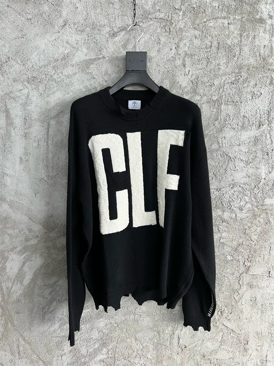 Xuan Battle Brand SAINT MICHAEL Retro Embroider CLF Letter Wool Knitting Loose Wash Destruction Sweater