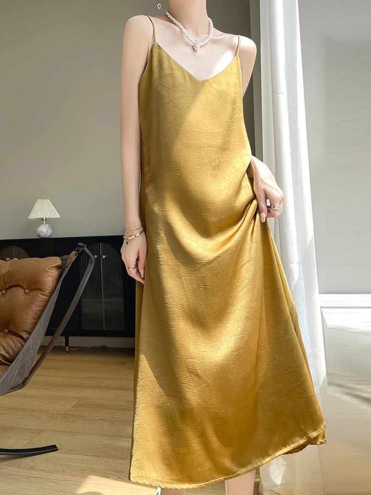 New Satin Jacquard Slip Dress for Women, Summer Long Dress with National Style, High-End and Elegant