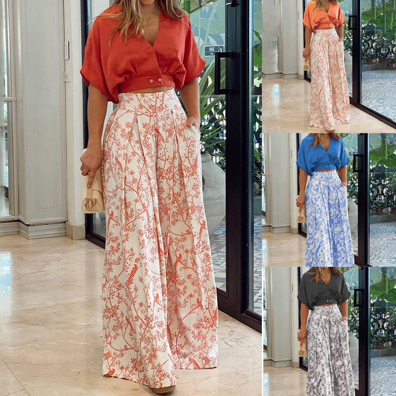 2022 Cross-border Bat Sleeve Flared Pants Set Women's Casual Button Chiffon Shirt Loose Printed Wide-leg Pants Two-piece Set