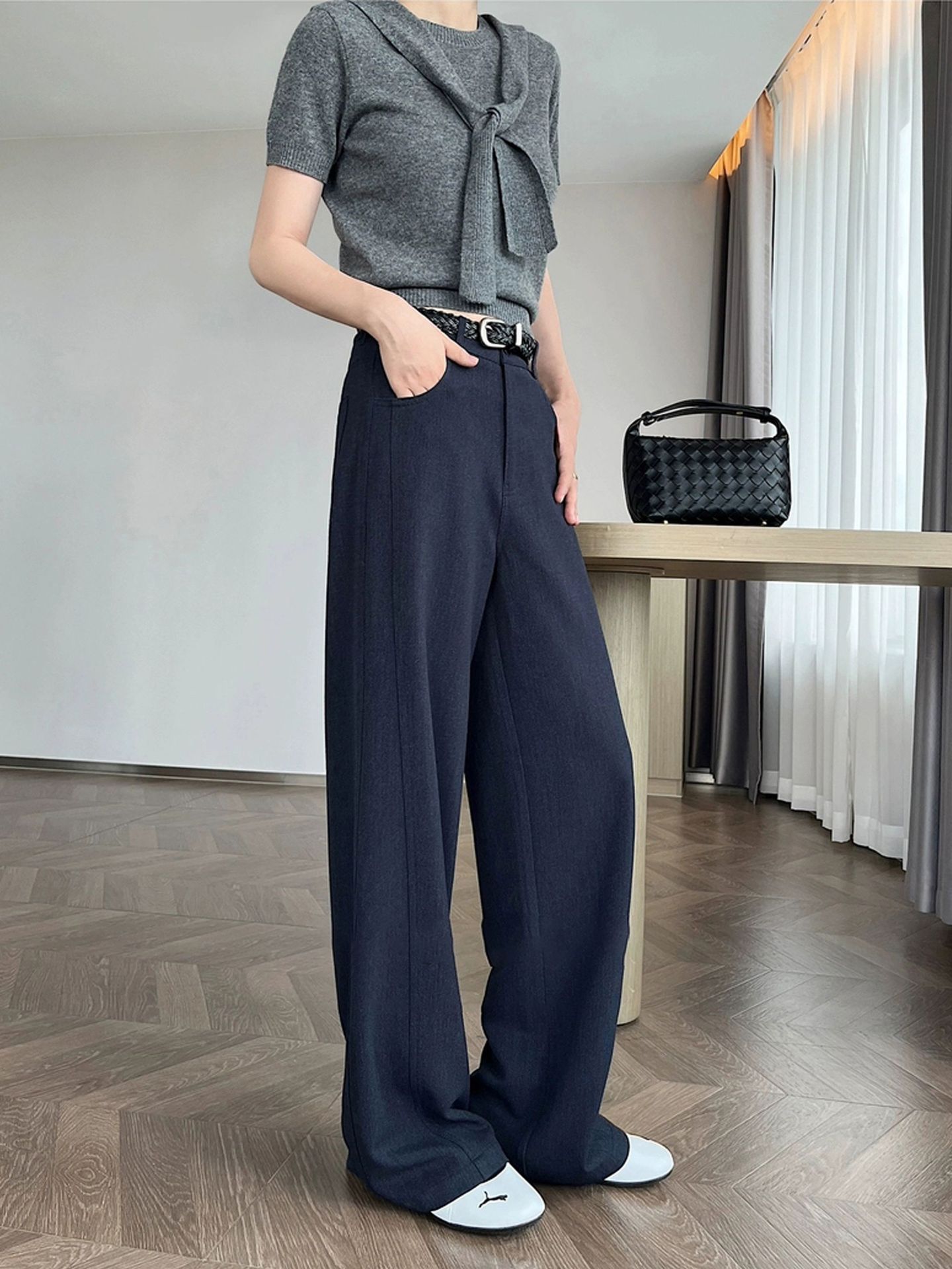 26 Spring New Style Wool Suit Wide-Leg Pants High-Waisted Drapey Narrow Version Imitation Denim Straight Pants 25768