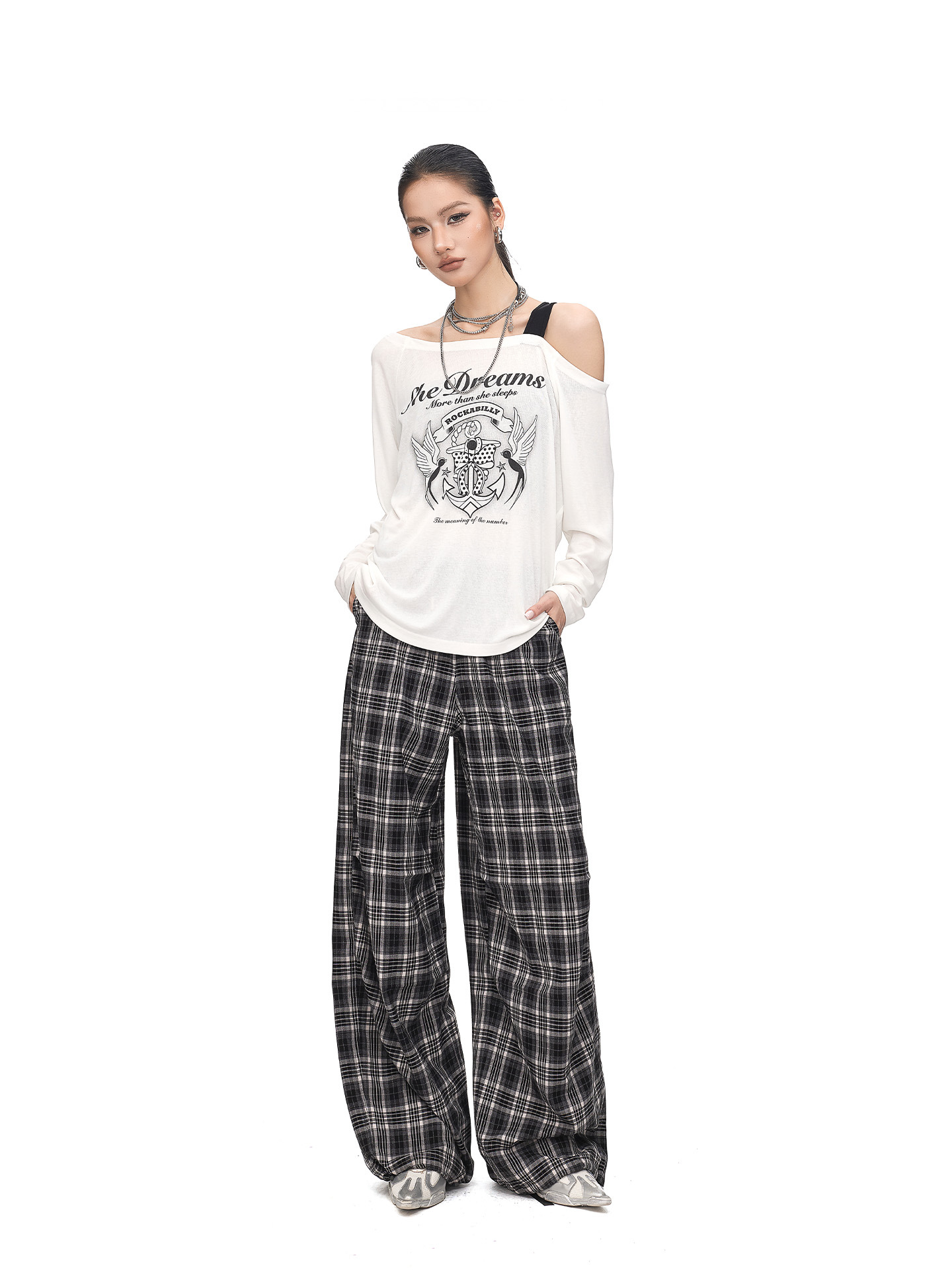 Trendy American-Style Plaid Casual Pants for Women, Spring and Summer New Loose Lazy Style Versatile Wide-Leg Floor-Length Pants