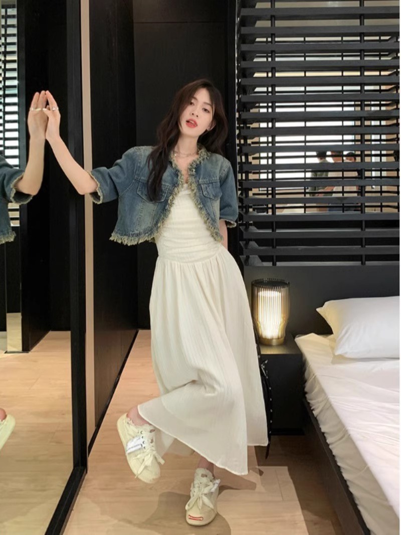 Retro Short Raw Edge Short-sleeved Denim Jacket Tube Top Dress Long Skirt Women Summer 2024 New Fashion Suit