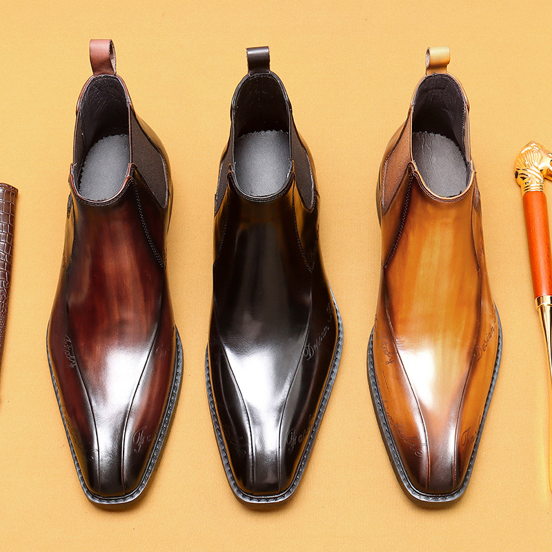 【】Men's Chelsea Boots Genuine Leather 2026 British Style Embossed Business Leather Boots Men's Top Layer Cowhide Goodyear Craftsmanship