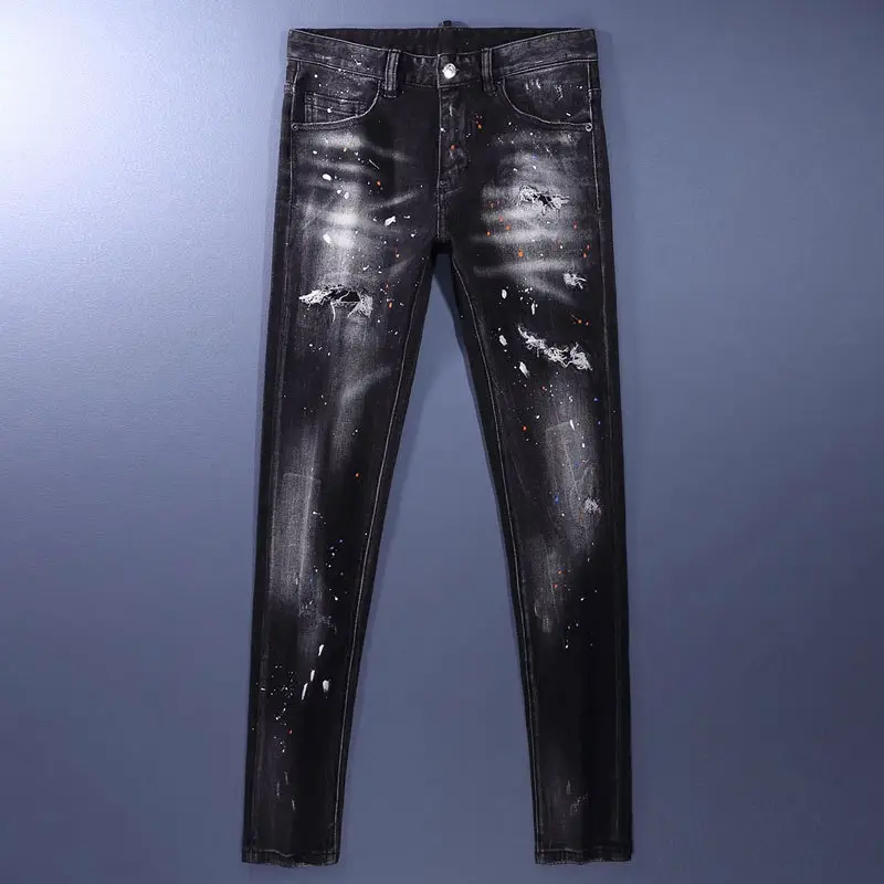 European and American street fashion ripped jeans distressed black gray paint printing and dyeing micro elastic slim fit skinny jeans men's fashion
