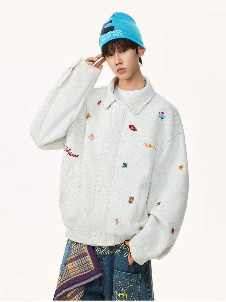 National Trendy Brand Floral Embroidered Jacket for Men, Autumn and Winter New Style with Fleece, Retro Versatile Sweatshirt Workwear Jacket for Couples
