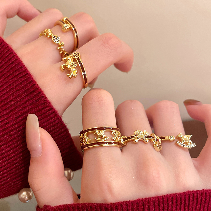 18K Real Gold Electroplated Zircon Pony Ring Wholesale Niche High-End Oil-Drip Stackable Open Ring Year of the Horse Gift