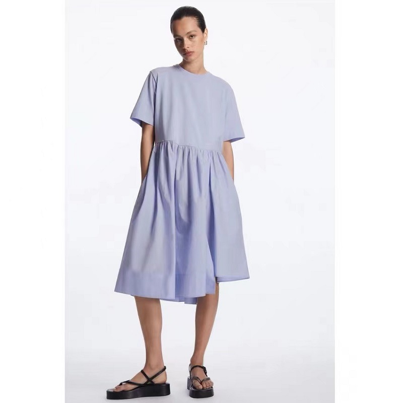 Women's Short-Sleeved Casual Style Patchwork Irregular Pleated T-Dress 2026 Summer New Product Slimming and Versatile