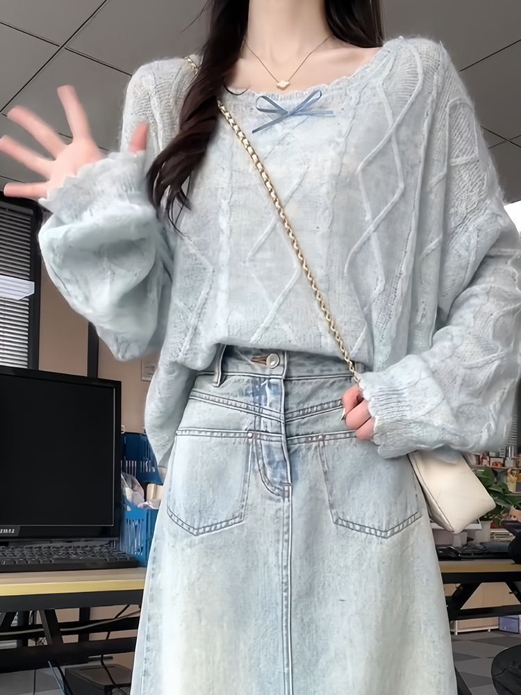 Blue Korean-Style Lazy Style Loose Knit Women's Autumn New High-End Versatile Soft Ribbed Sweater Coat Trendy