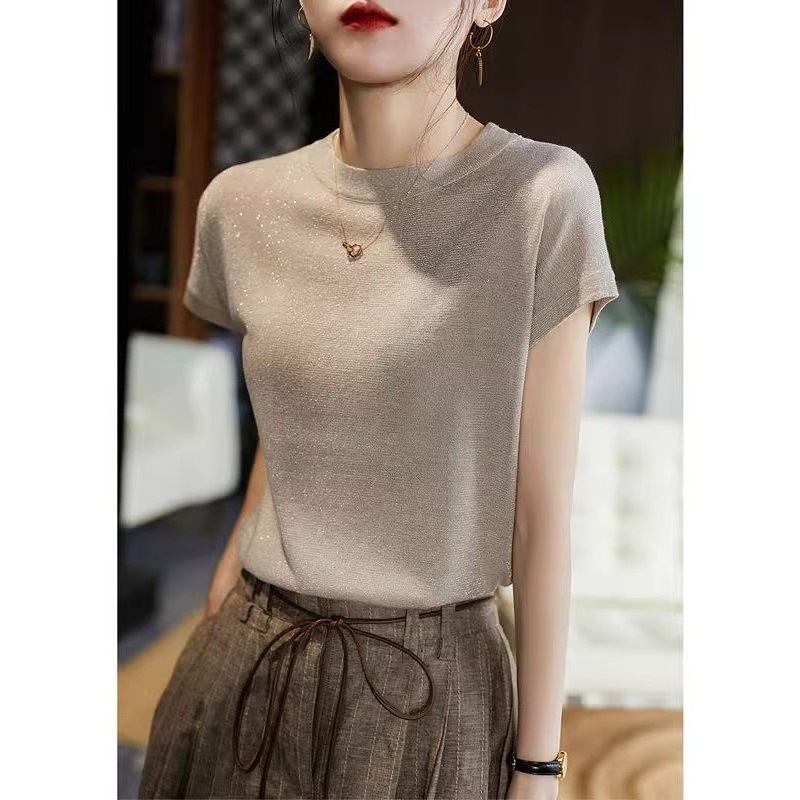 Tencel Short-Sleeved Women's Summer New Round-Neck Ice Silk Knit Top, Loose and Thin, Slimming, Shiny Silk T-Shirt for Summer