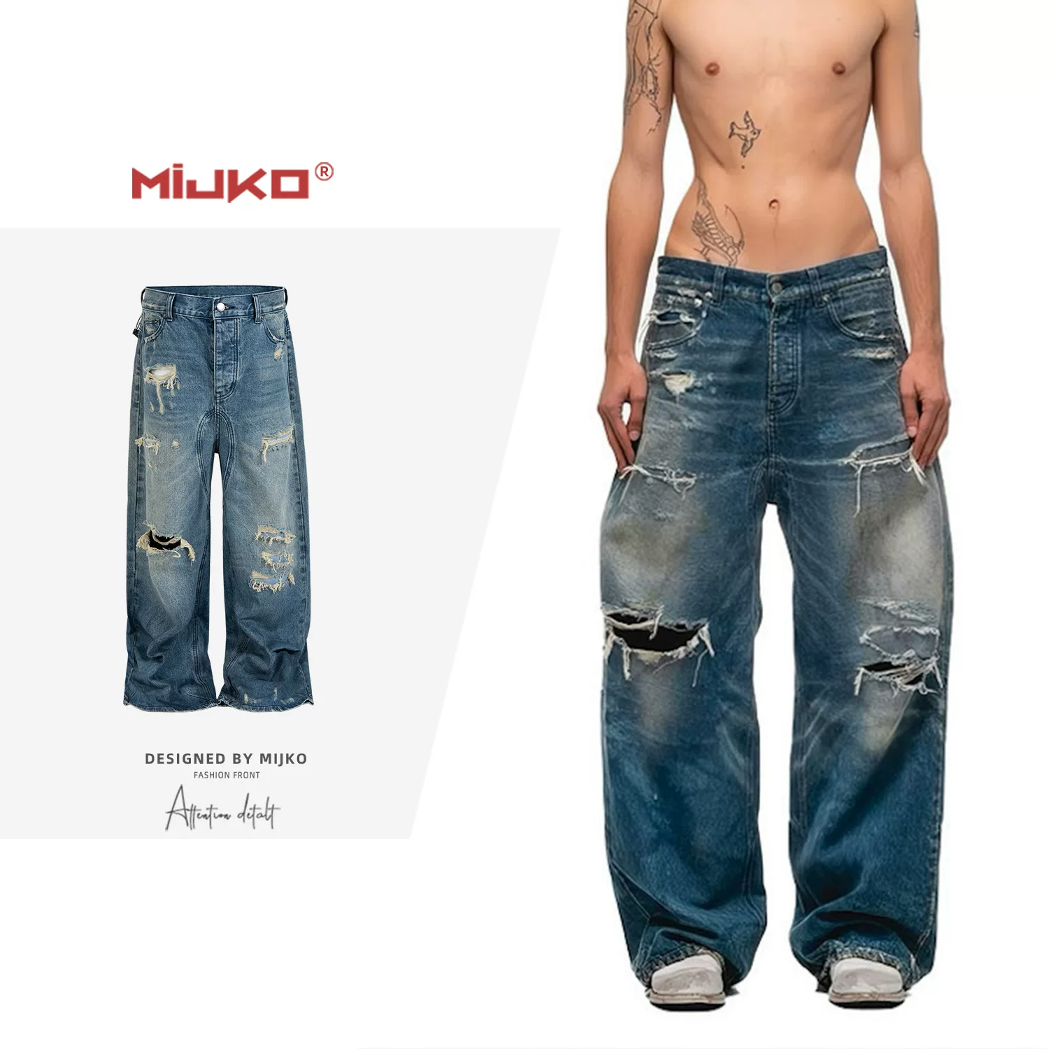 No Faith Studios 26ss ripped, washed, and edged wide leg pants Baggy 3D curved jeans