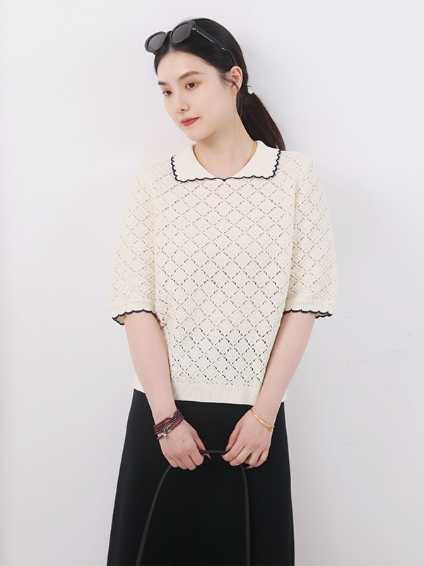 26 Spring New Style White Cotton Yarn Short-Sleeved Women's Knitted Pullover with Fine Woven Diamond Texture, Gentle and High-End Feel
