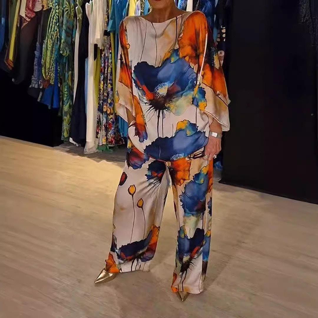 2024 Summer and Autumn New Independent Station-Urban Elegant Satin Neck Loose Printed Bat Sleeve Drawstring Pants
