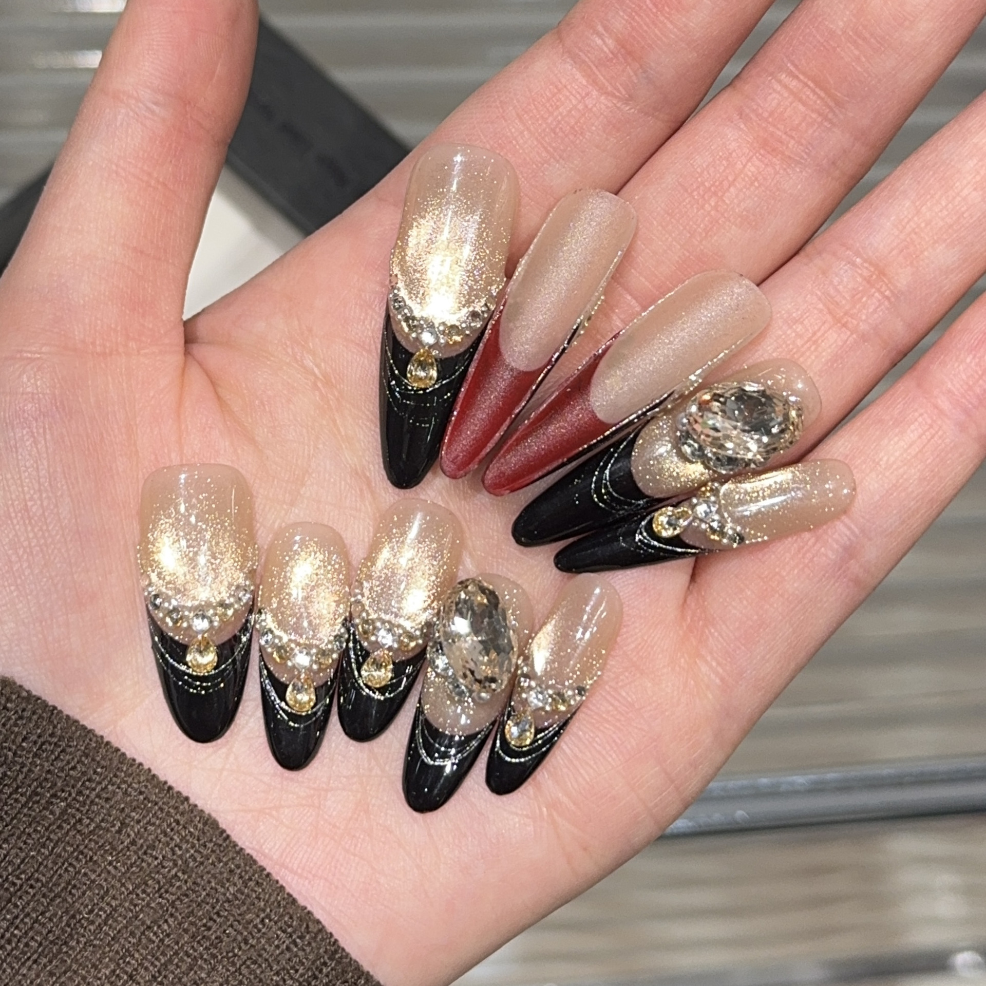 [Black Leather Red-Soled High Heels] Light Luxury Zircon Handmade Wearable Nails Wholesale Long Manicure Patches Fake Nails