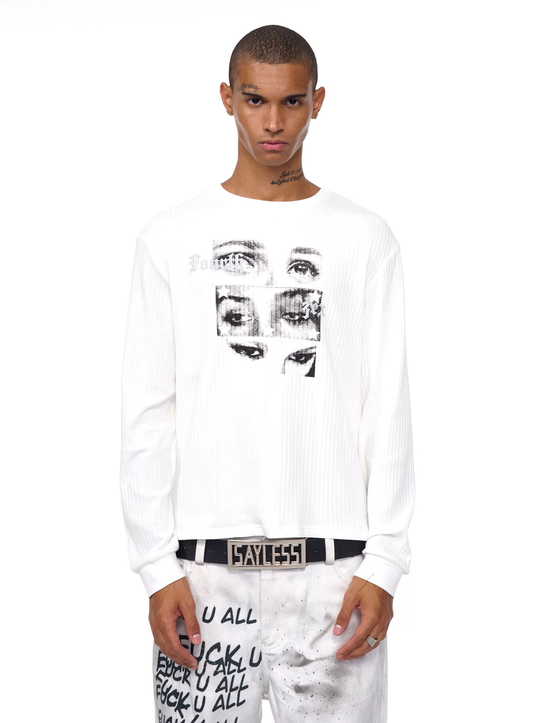 Fourth3Ex【Same Style as He Qiushi】White Long-Sleeved Sweatshirt for Men, Autumn Eye Print Knit Top for Layering