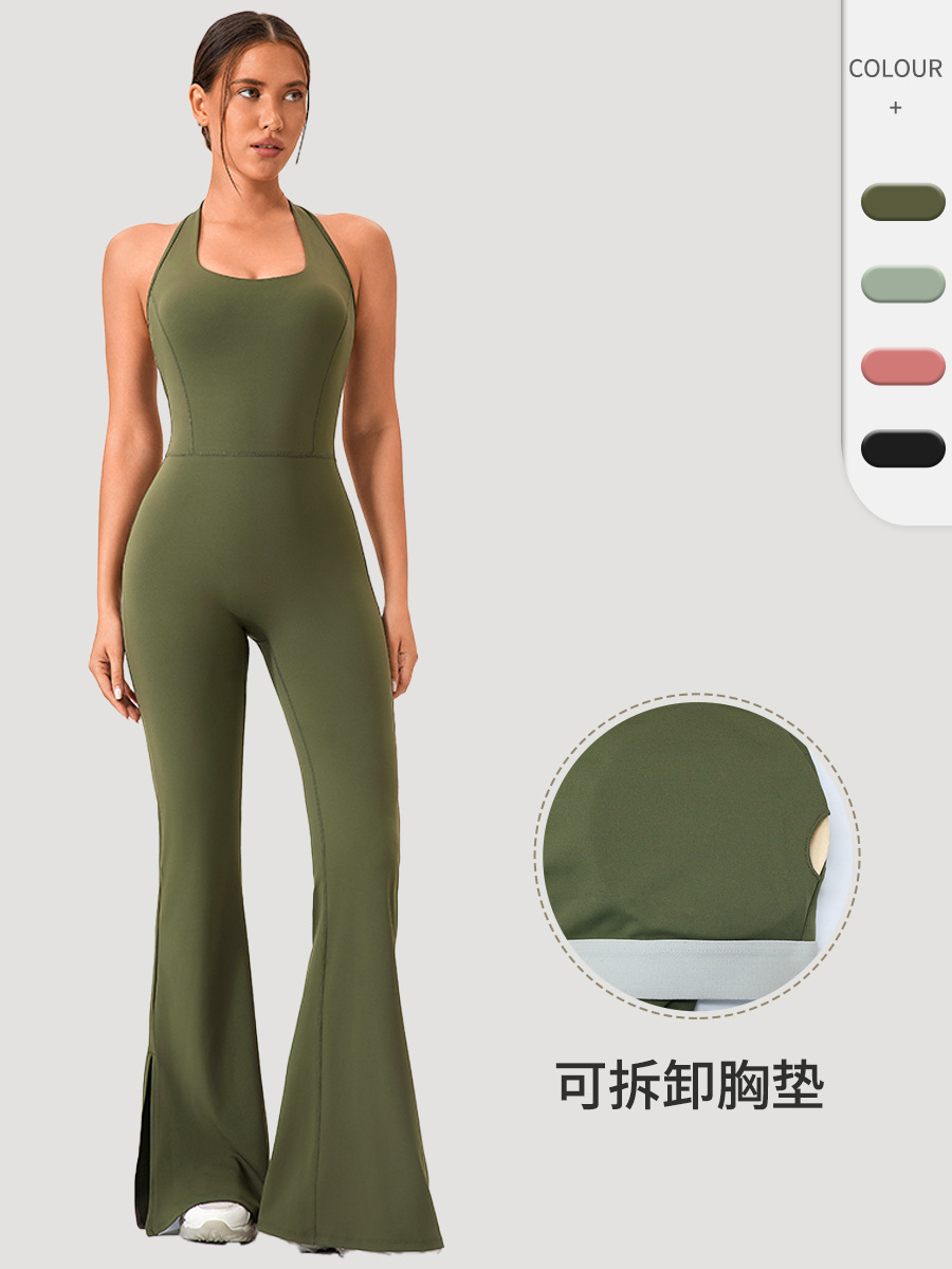 European and American Style Yoga Jumpsuit with Flared Pants for Women, Naked-Feel Tight-Fitting Fitness Wear, Butt-Lifting Sports Running Jumpsuit 42161