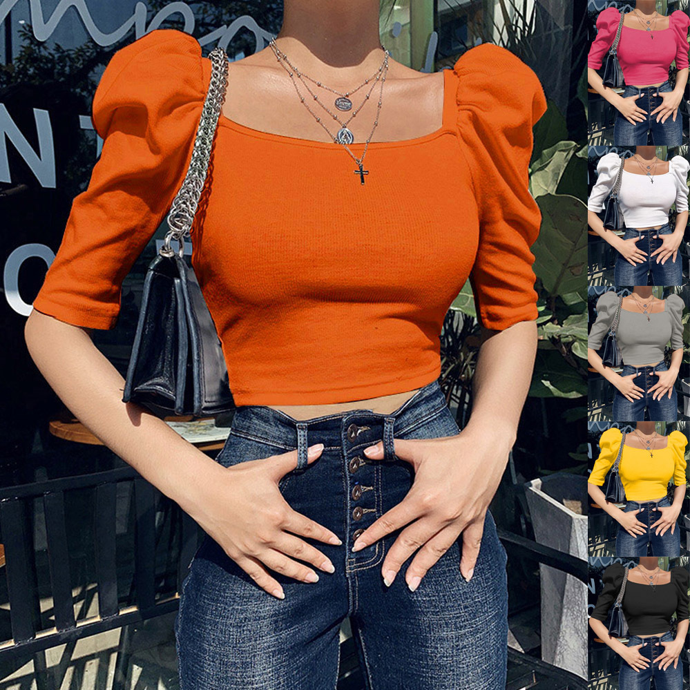 Amazon 2026 European and American Women's Clothing Spring New Style Women's Simple Square Collar Puff Sleeve Top Women's Short Sleeves
