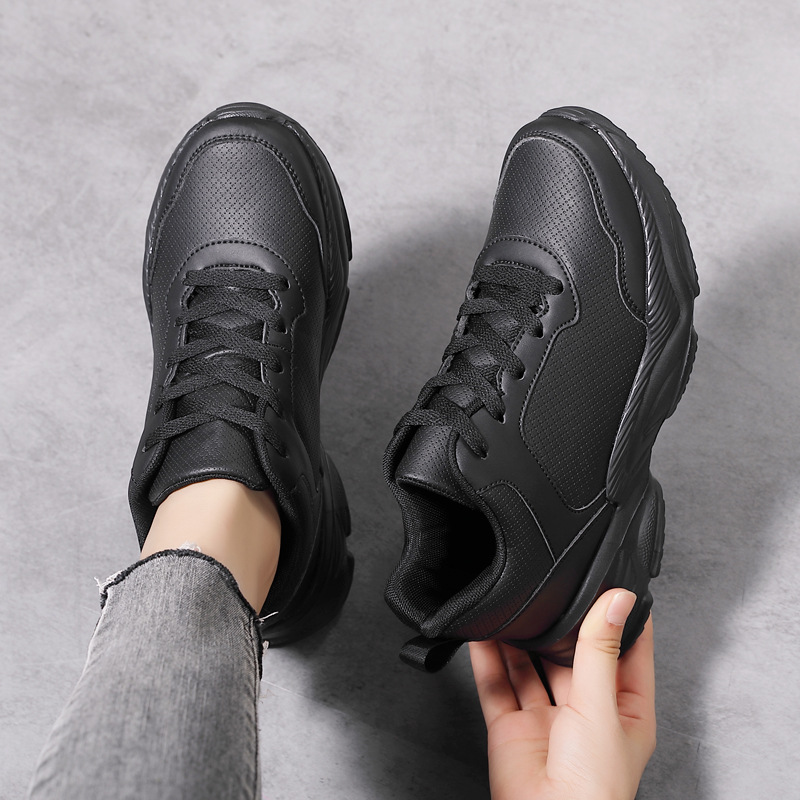 Spring and Autumn Sports Shoes Women's Leather Waterproof Thick Sole Plaid All Black Kfc Kitchen Non-Slip Work Shoes