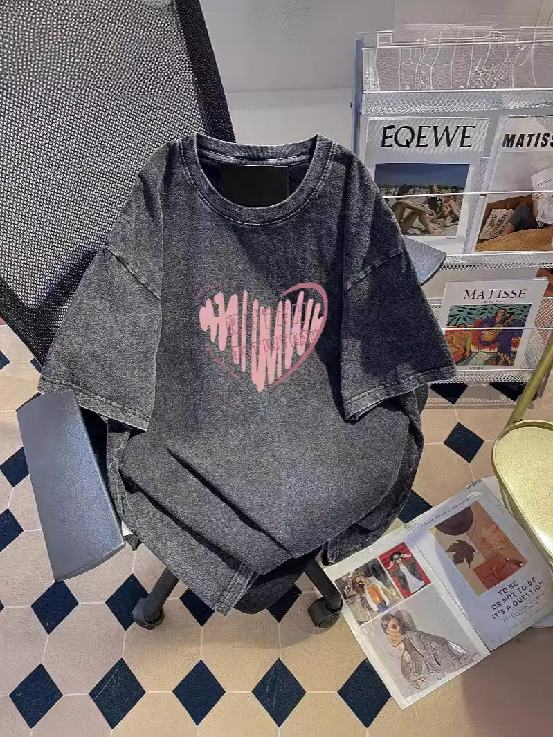 2024 New Summer Style 230g Short-Sleeved T-Shirt for Women, Washed and Distressed Design, Printed Student Wear, Loose Mid-Length Style