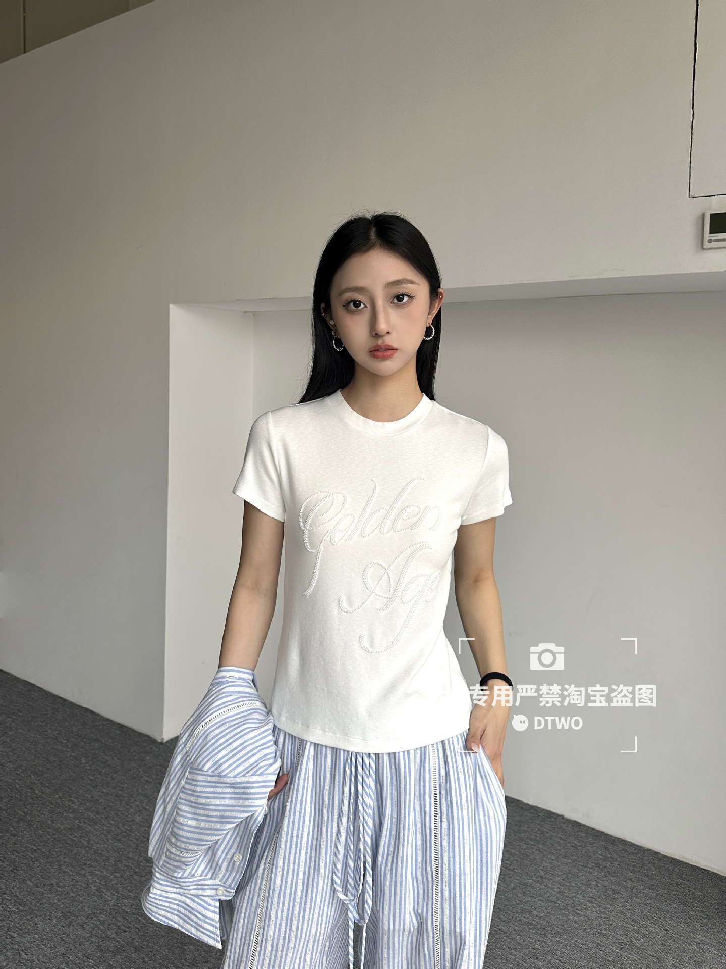 Dtwo Spring/Summer New Original Design Thirteen Lines Women's Wholesale Round Neck Short Beaded Letter Short Sleeve T-Shirt
