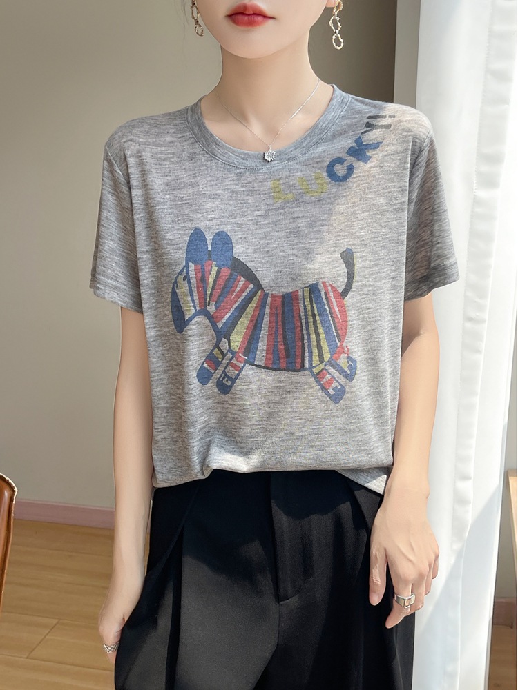 Cross-Border Art Painting, Colorful and Vibrant, Hand-Painted Printed Pony Design, 2026 Spring/Summer New Style Knitted Short-Sleeve T-Shirt for Women