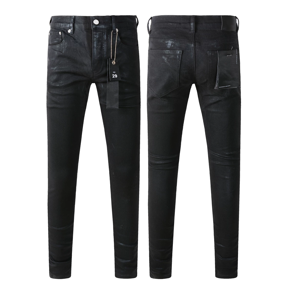 High street slim fit denim pants for young people, trendy European and American brands, elastic new black leggings with coating for men