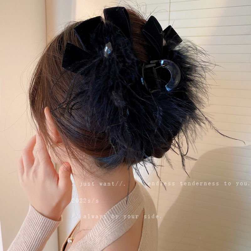 Retro Elegant Super Fairy Diamond Bow Feather Grab Clip Distinctive Hair Shark Clip Hairpin Internet Celebrity New Hair Accessories