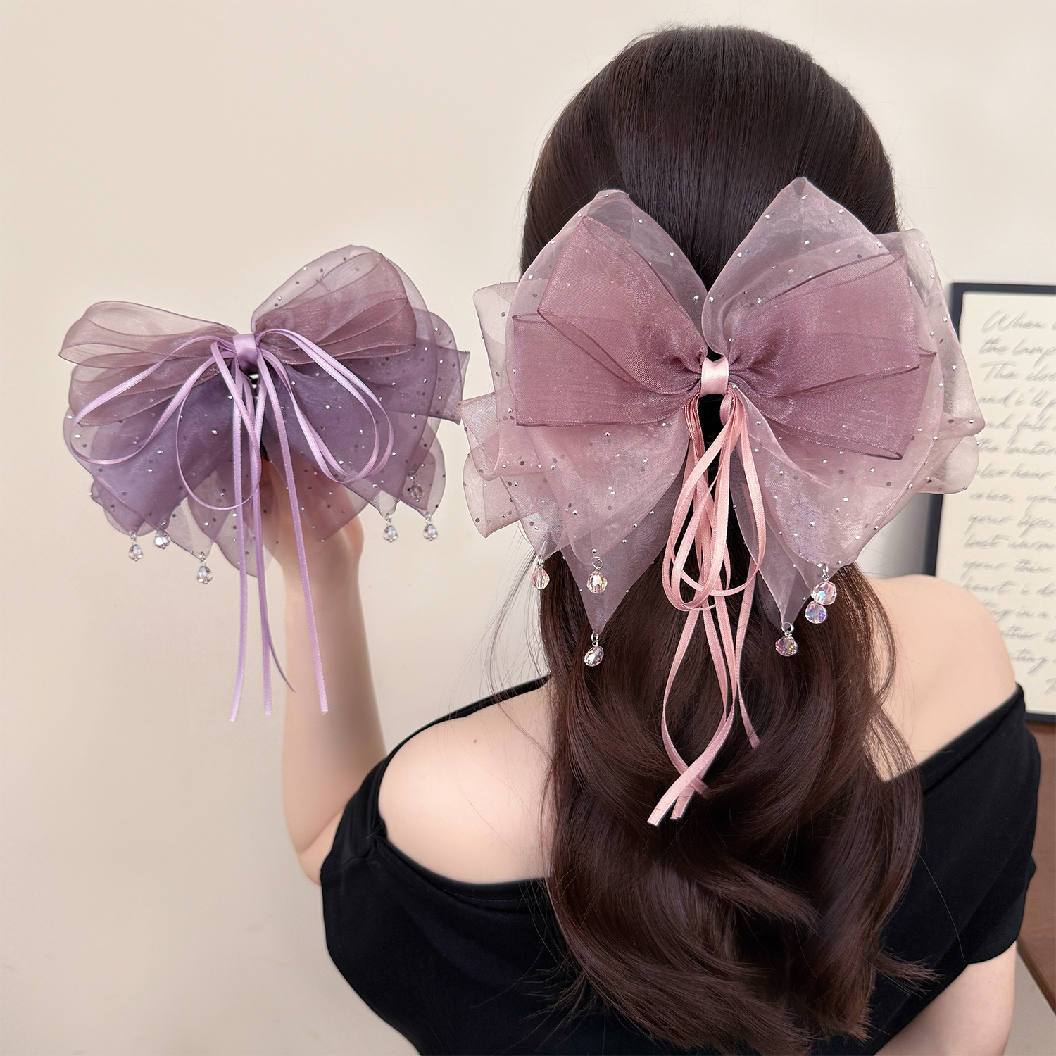 Large Fairy-Like Star-Studded Bow Ribbon Ponytail Clip for the Back of the Head, Hair Clip for Adding Volume, Hair Accessory, Half-Tied Hair Claw Clip for Women