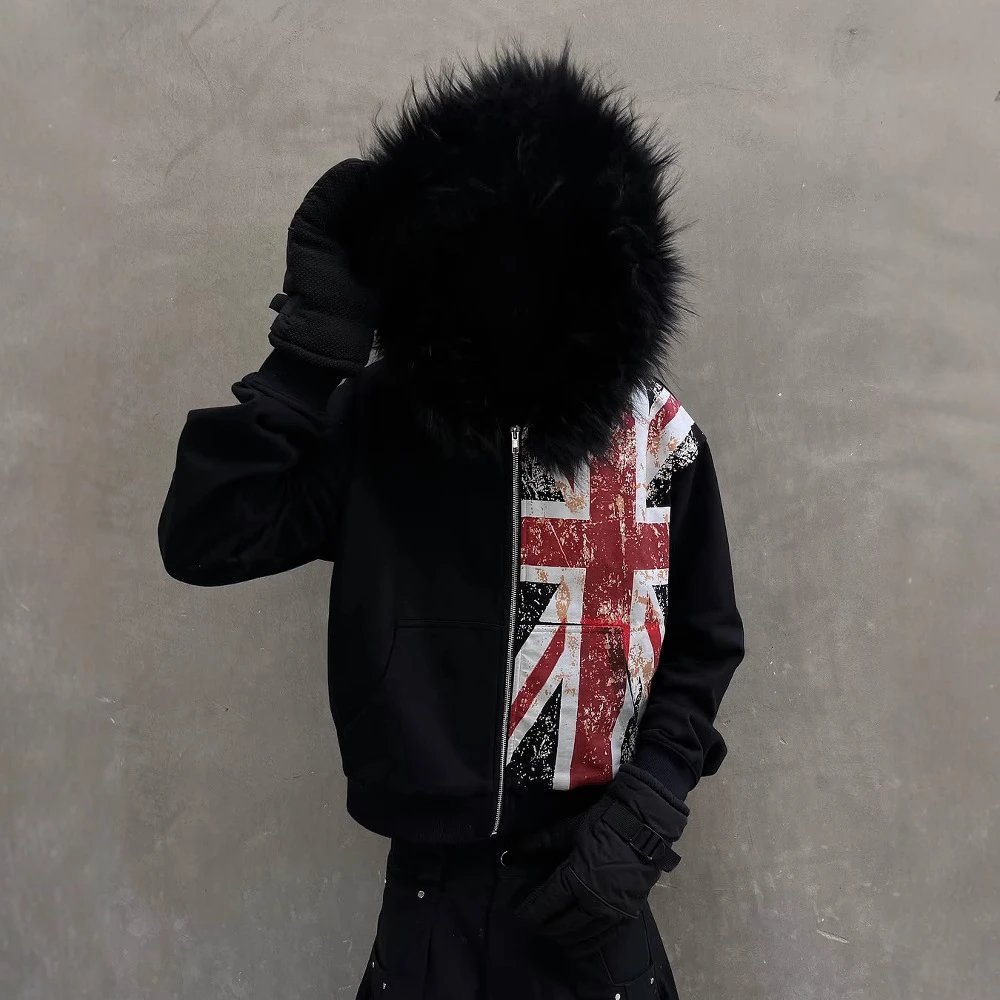 European and American Wholesale Ins Fur Collar Printed Zipper Sweatshirt Long-Sleeved Pullover Hoodie Retro Jacket Street Trendy Y2K QC-Foto von WEIDIAN auf Qualit.ly