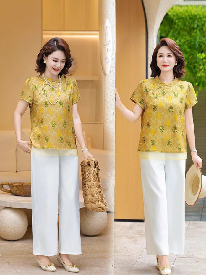 Wholesale Chinese-Style Short-Sleeve Qipao Top Set 2026 Summer New Model for Middle-Aged Mothers Silk Satin Blouse for Women
