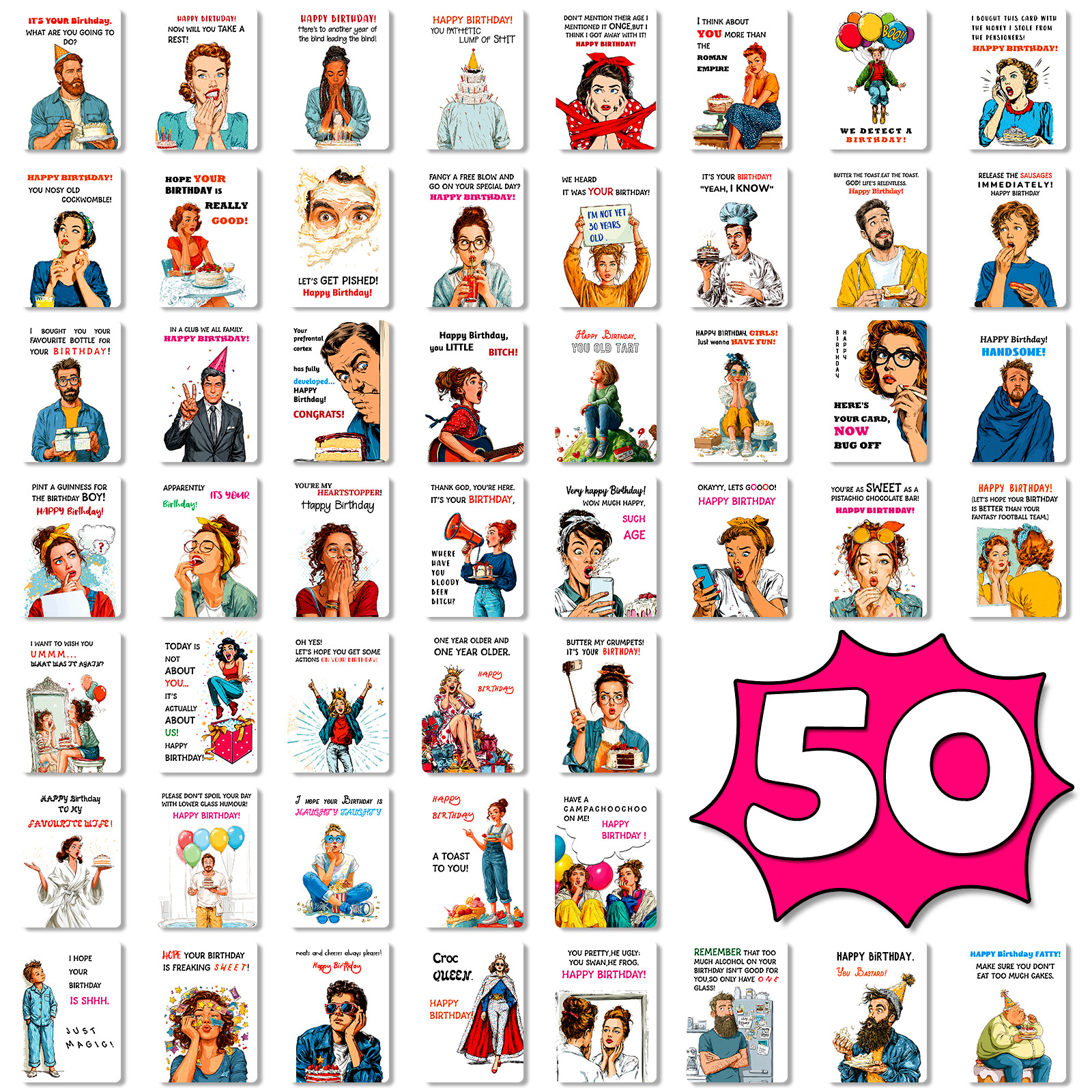 Cross-Border New 50 Birthday Text Cards with Graphics and Cartoons Birthday Gift Message Cards and Greeting Cards Wholesale
