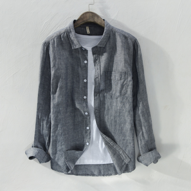 L721 daily casual outerwear all-matching shirt men's linen long sleeve solid color shirt Men's Youth One-piece delivery