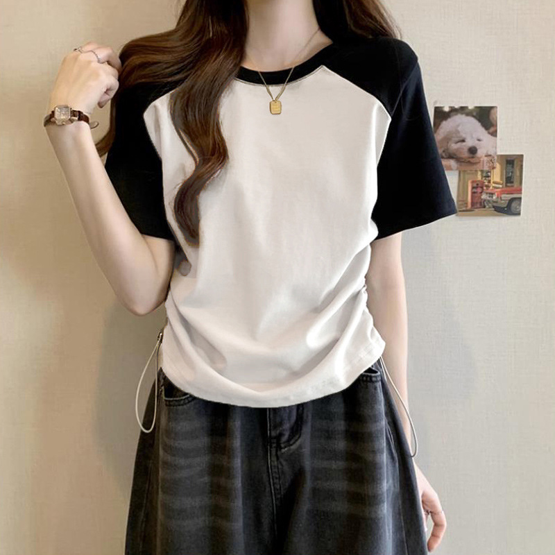 Shoulder Short-sleeved T-shirt Women's 2025 Summer New Design Sense Tight Waist Drawstring Niche Slim Ringed Short Top