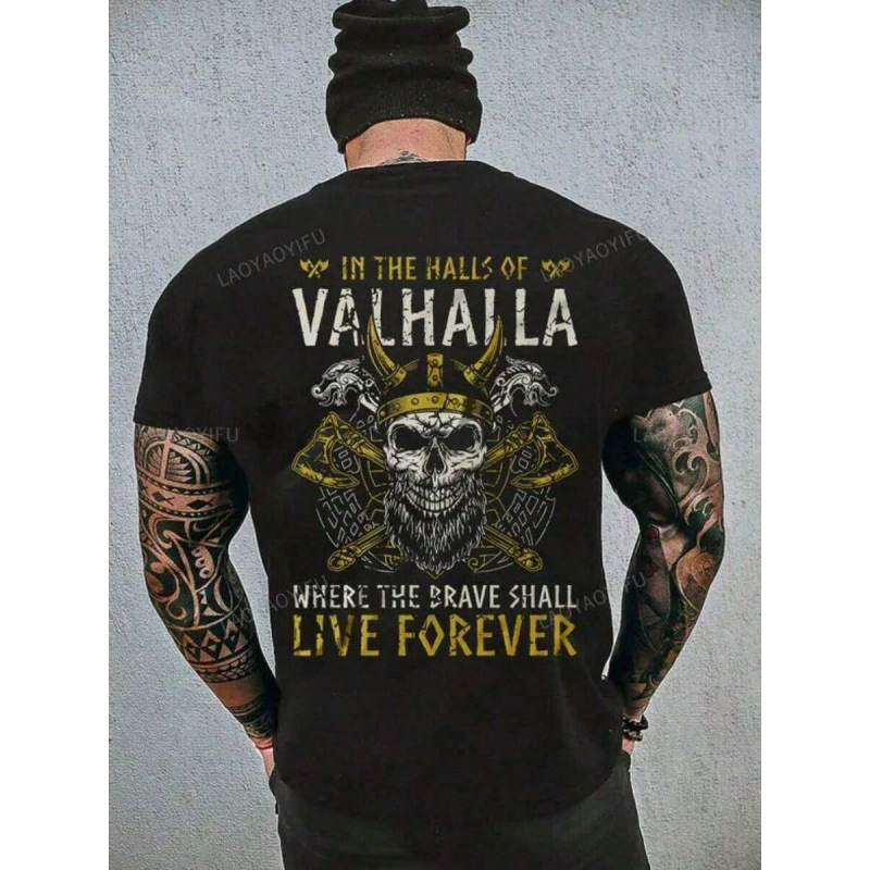 Washed Vintage European Size Pure Cotton 1Pc Men's Casual Cotton T-Shirt with Viking