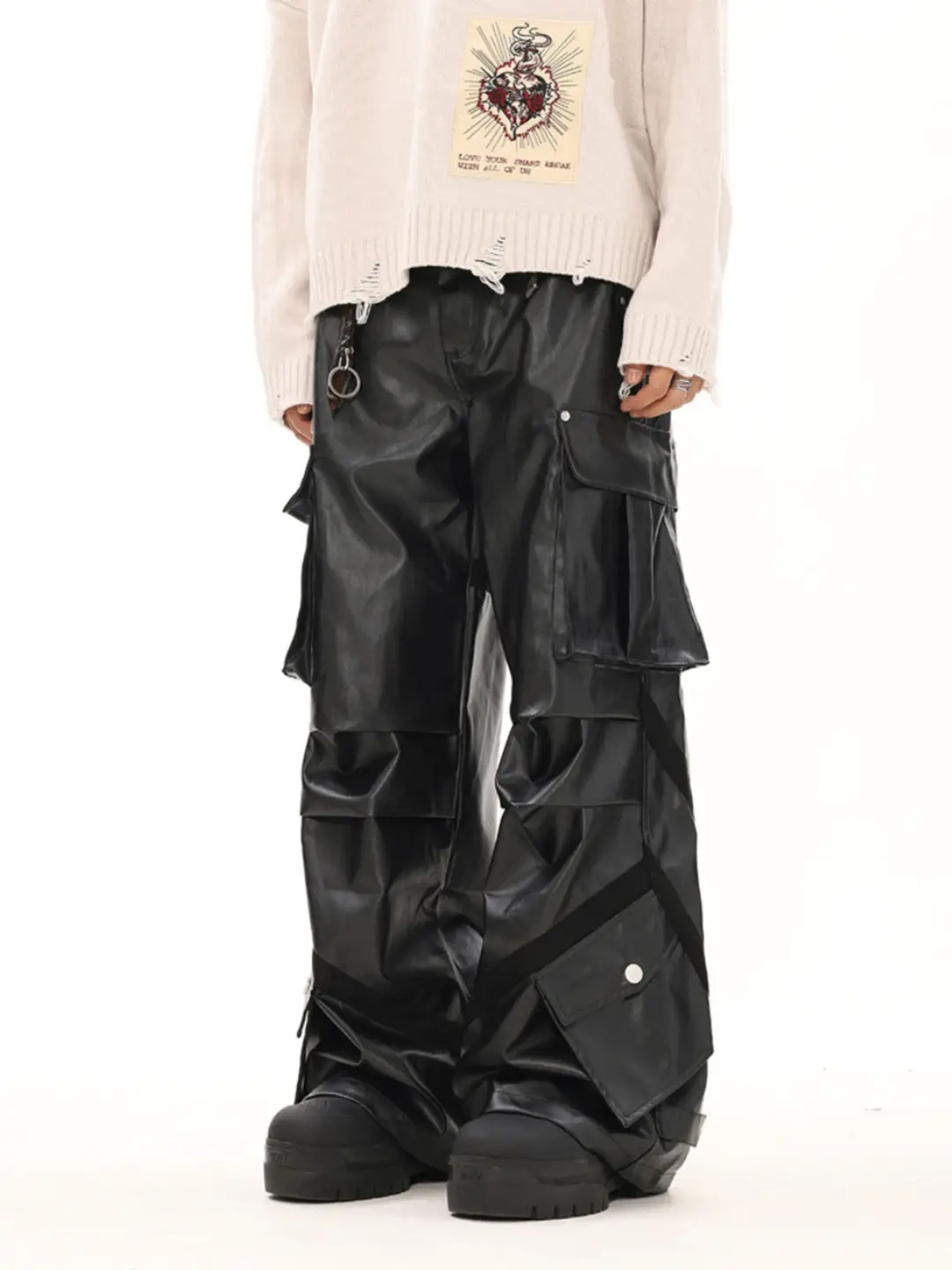 Btsg American Retro High-End Multi-Pocket Shiny Leather Cargo Pants Niche Functional Loose Wide-Leg Casual Pants