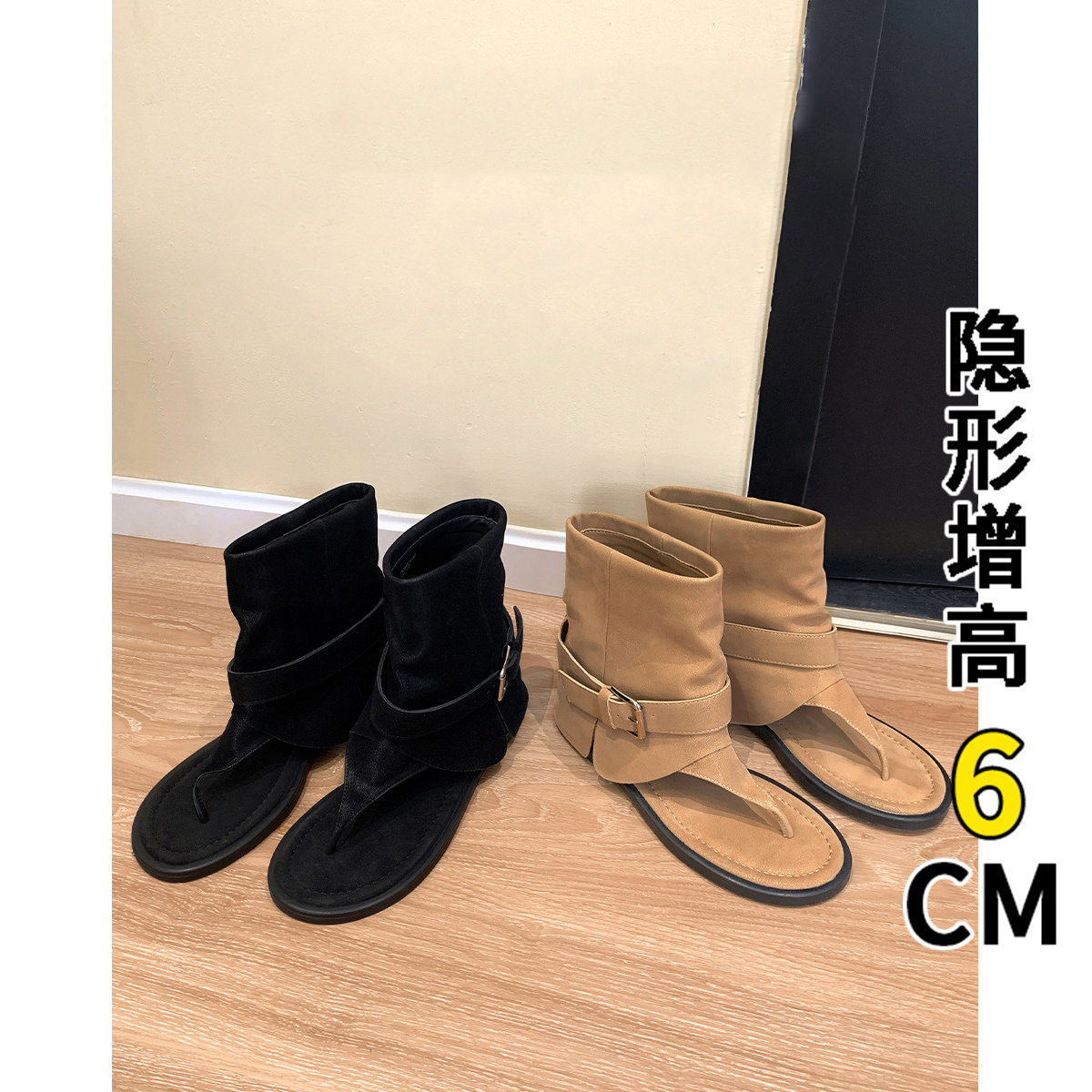 Genuine Leather Version~ Internal Height-Increasing Thong Sandals for Women, 2026 New Summer Fashionable Hot Girl Style Short Roman Sandals