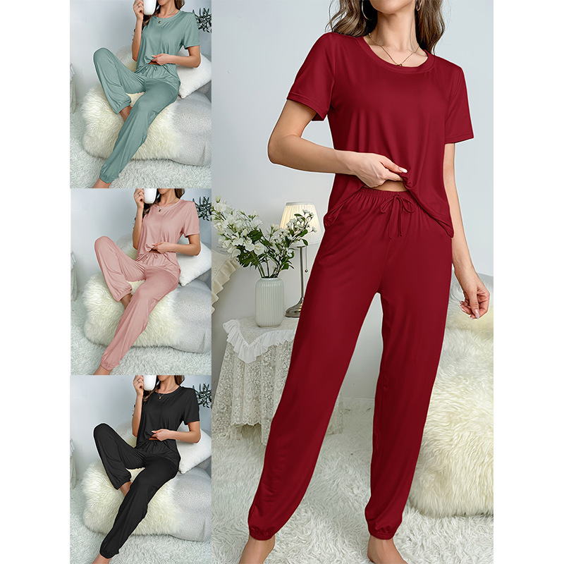Factory Spring and Summer New Cross-Border Pajamas for Women Milk Silk Short-Sleeved Trousers Suit Classic Solid Color Casual Amazon Hot