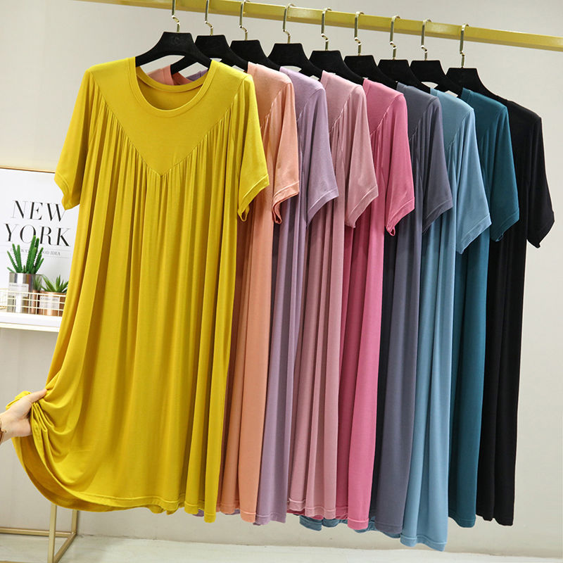 Modal Dress Women's Summer 2024 New Large Size Round Neck Cake Skirt Thin Fat mm Loose Short-Sleeved Long Skirt