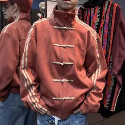 Ins National Trend Three-Stripe Design Suede Stand Collar Button Jacket for Men, New Autumn Chinese Tang Suit Jacket Trend